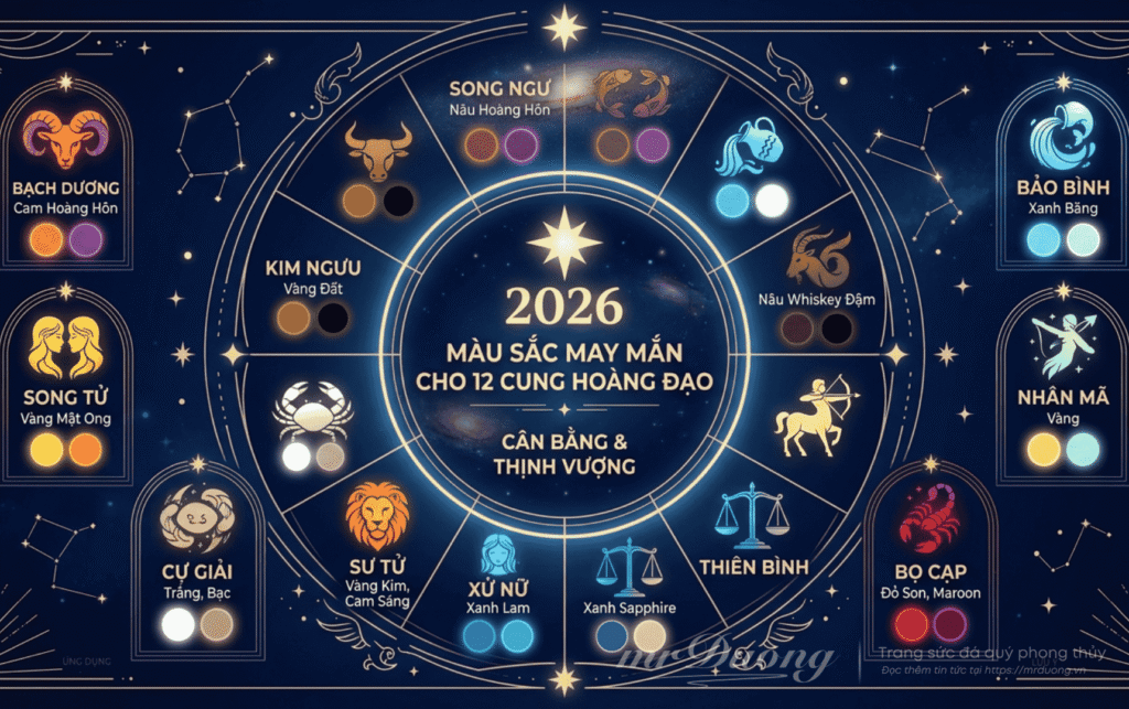tổng hợp màu sắc may mắn 2026 của 12 cung hoàn đạo