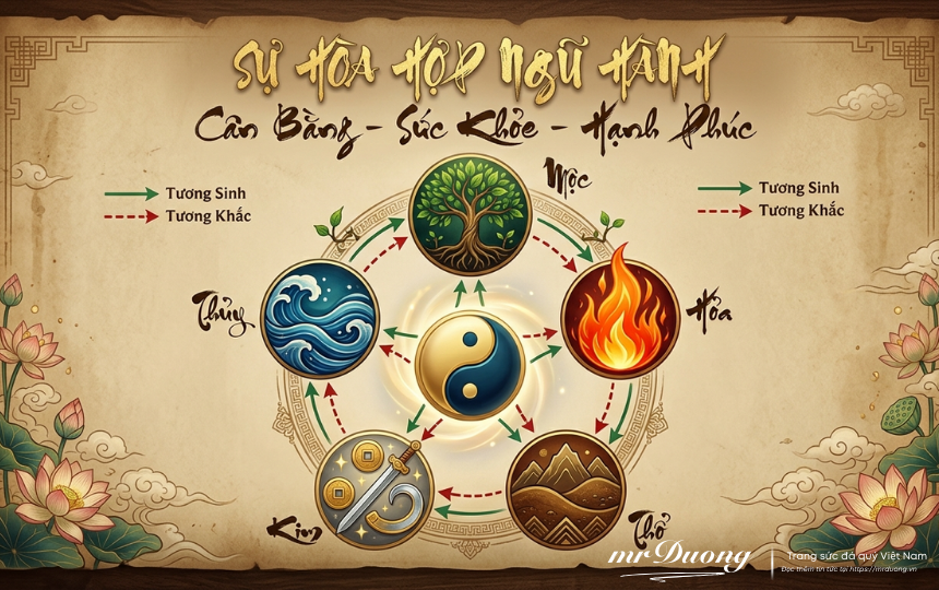 Các yếu tố tự nhiên được sắp xếp hài hòa các năng Lượng (Cây xanh - Mộc, Đài phun nước - Thủy, Nến - Hỏa, Đá và đồ gốm - Thổ, Chi tiết trang trí kim loại - Kim), minh họa cho cách tạo ra không gian sống cân bằng.